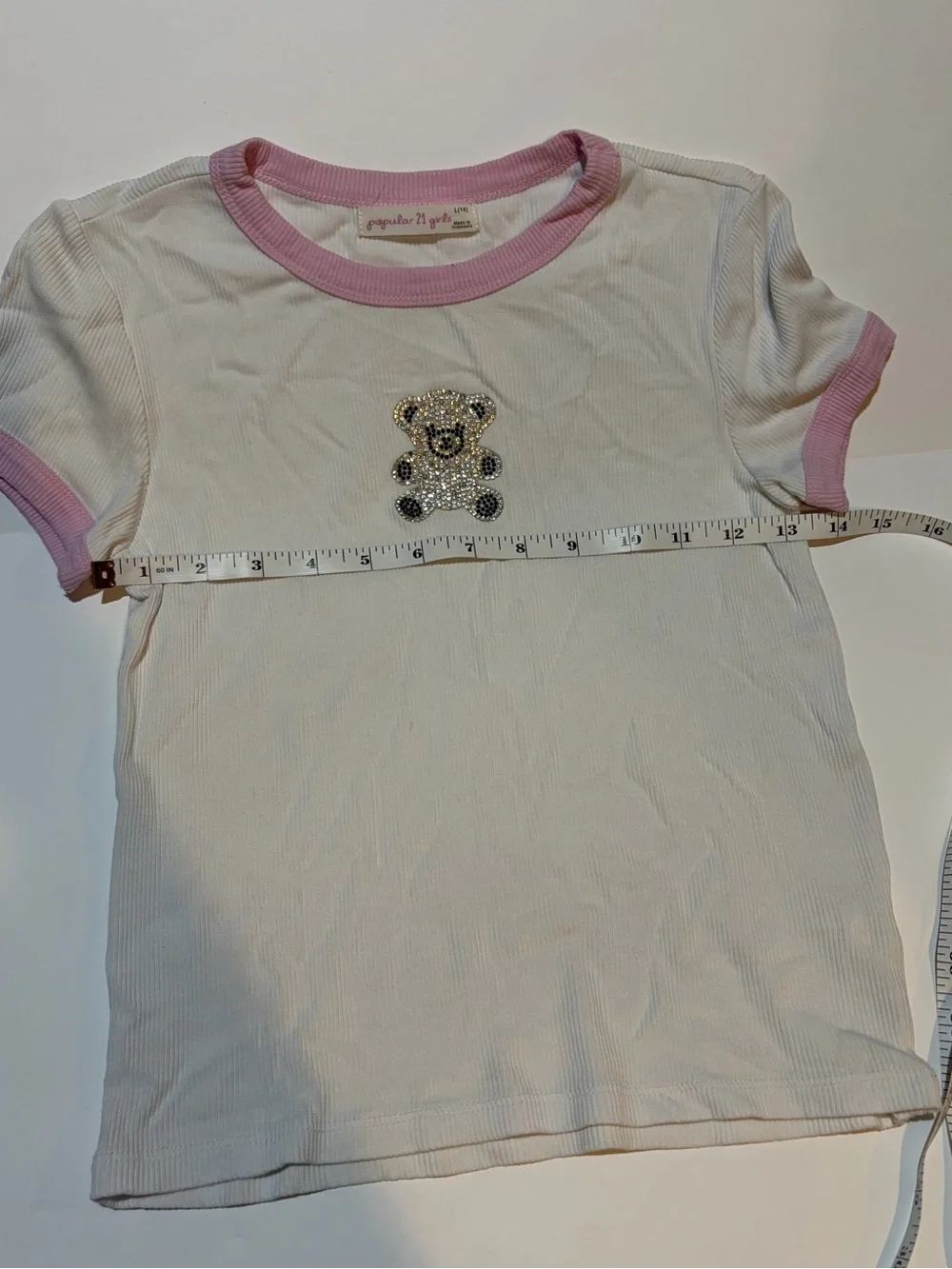 Popular 21 Girls L 14 Y2K Rhinestone Teddy Bear Baby Tee Pink Ringer Top